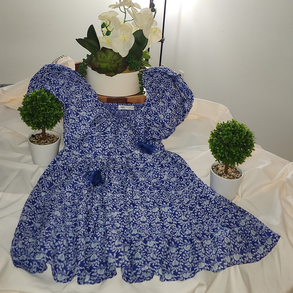 CUTE  Printed Dress Short Blue Balloon Sleeves - Picture 2 of 8